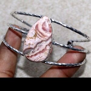 Rhodochrosite Gemstone 925 Sterling Silver Handmade Adjustable Cuff Bracelet